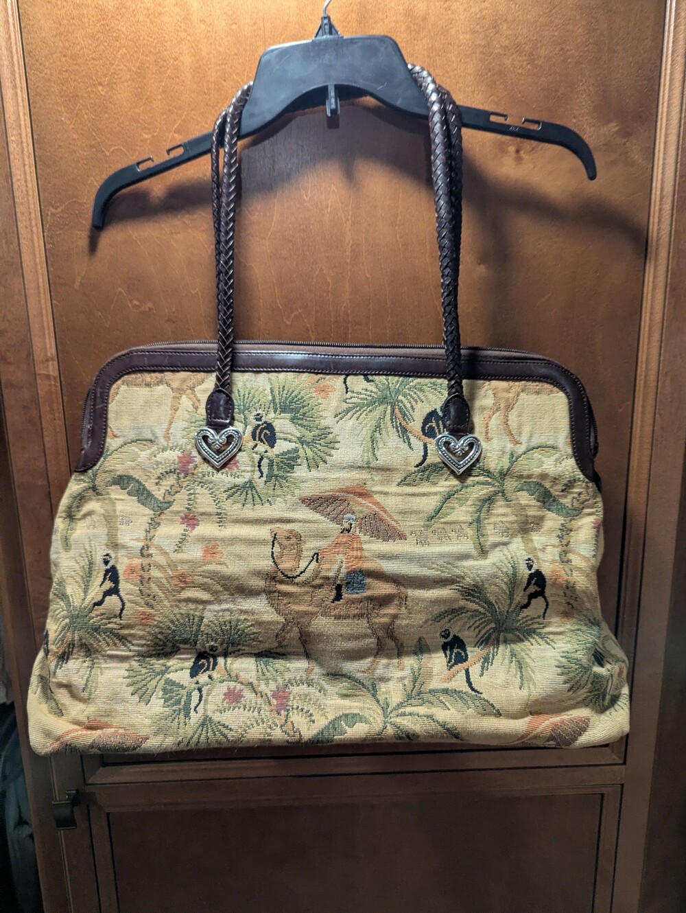Brighton Tapestry Tote Bag with Brown Trim and Heart Charm